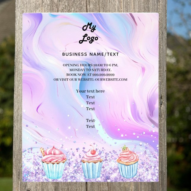 Pastry shop bakery pink holographic cupcakes logo flyer (Creator Uploaded)