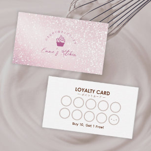 Pastry Shop Loyalty Card Pink Glitter Cupcake Logo