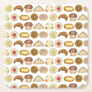 Pastry Tray Croissant Danish Muffin Baked Goods Square Paper Coaster