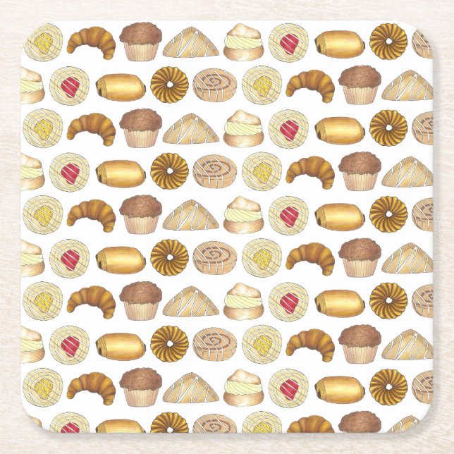 Pastry Tray Croissant Danish Muffin Baked Goods Square Paper Coaster (Front)