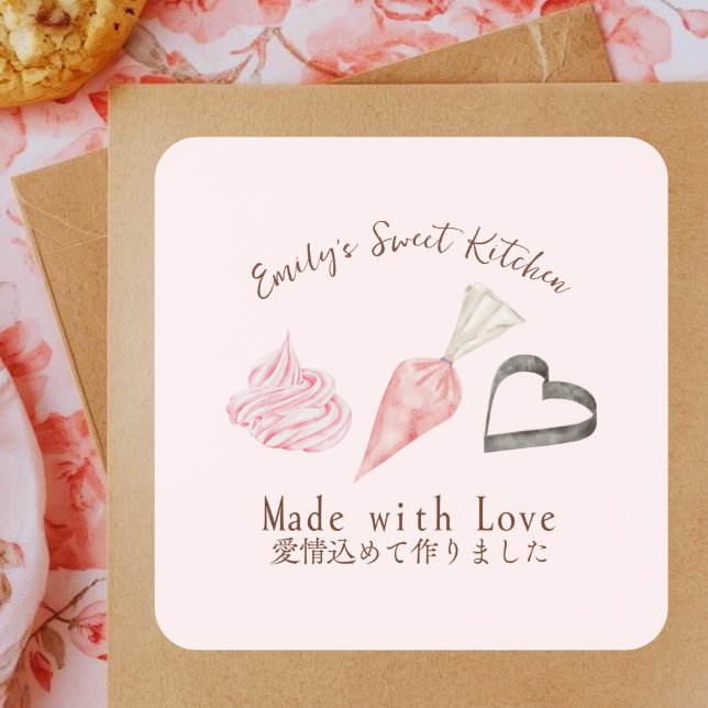 Pastry Utensils Pink Watercolor Elegant Bakery Square Sticker (Creator Uploaded)