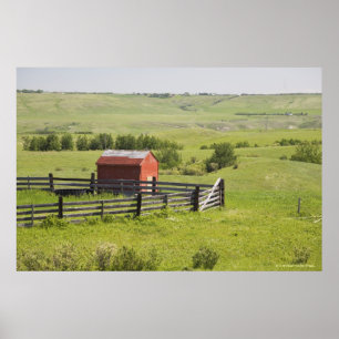 Pasture Fields With A Red Shack And A Fenced Area Poster