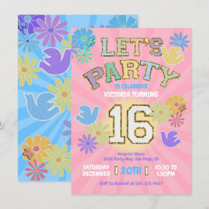 Patch Letter Birthday Party Retro Preppy Hippie Invitation