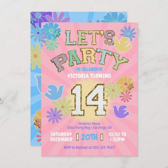 Patch Letter Birthday Party Retro Preppy Hippie Invitation (Front/Back)