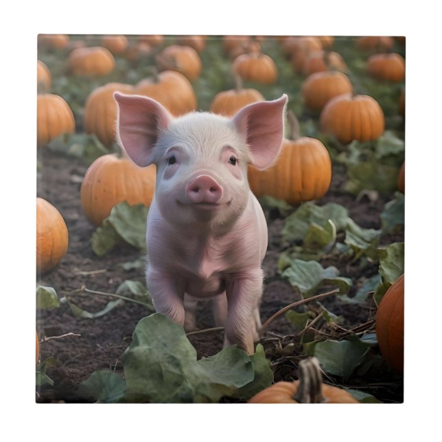 **"Patch of Joy: A Happy Baby Pig Among Pumpkins"* Tile (Front)