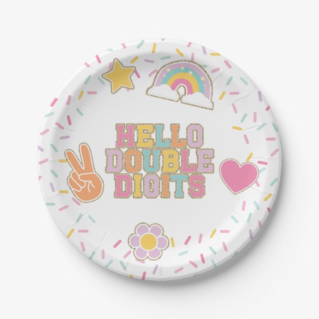 Patch Preppy Hello Double Digits 10th Birthday Paper Plate (Front)