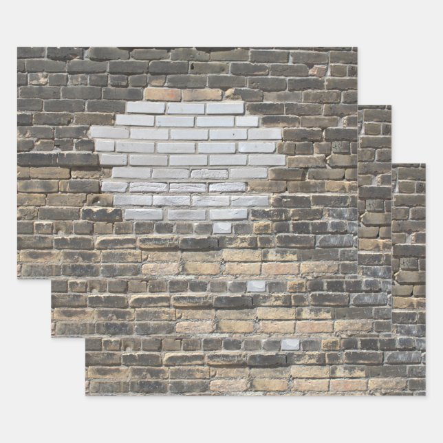 Patched Grey and White Brick Wall Urban Grit Wrapping Paper Sheet (Set)