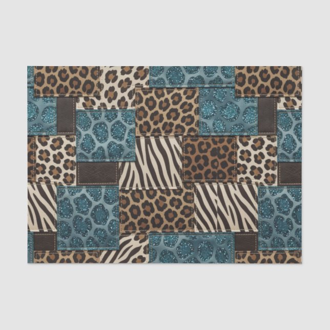 Patchwork African Animal Print | Brown & Teal Tissue Paper (Front)