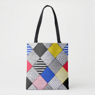 Patchwork background: birds, polka dots. tote bag