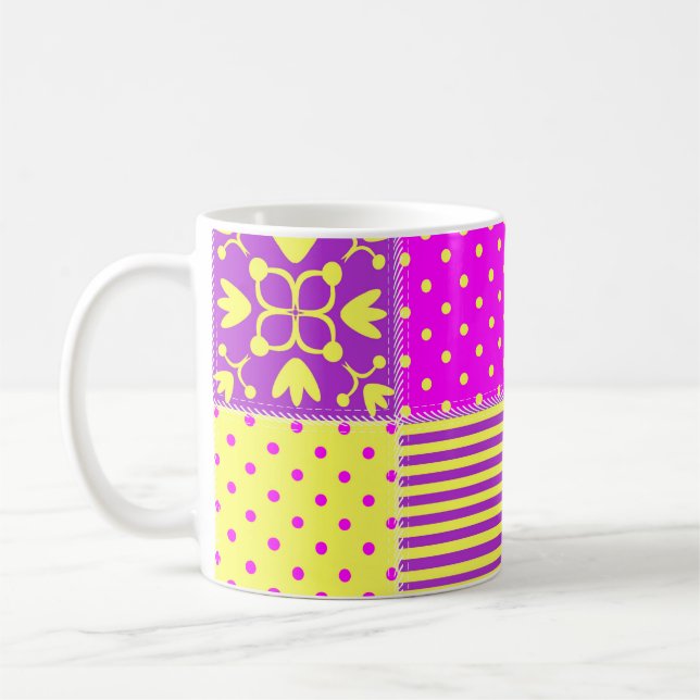 patchwork background with different patterns art,b coffee mug (Left)