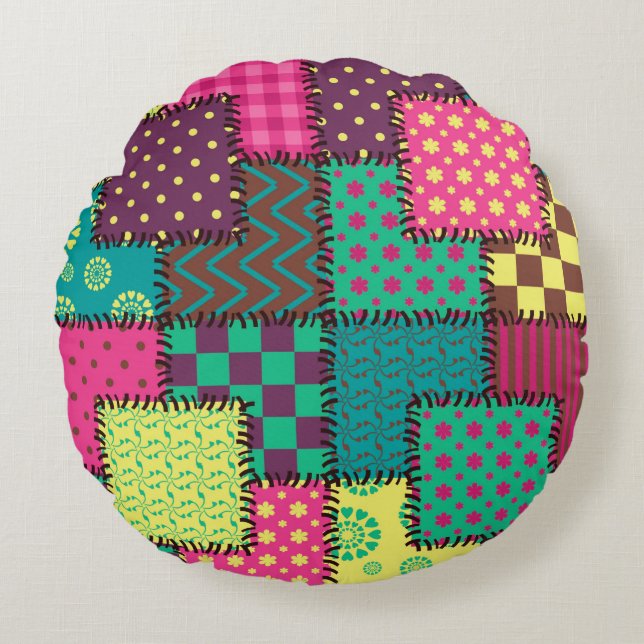 patchwork background with different patterns round pillow (Front)