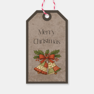 Patchwork Bells w Bow in Christmas Colours Gift Ta Tags
