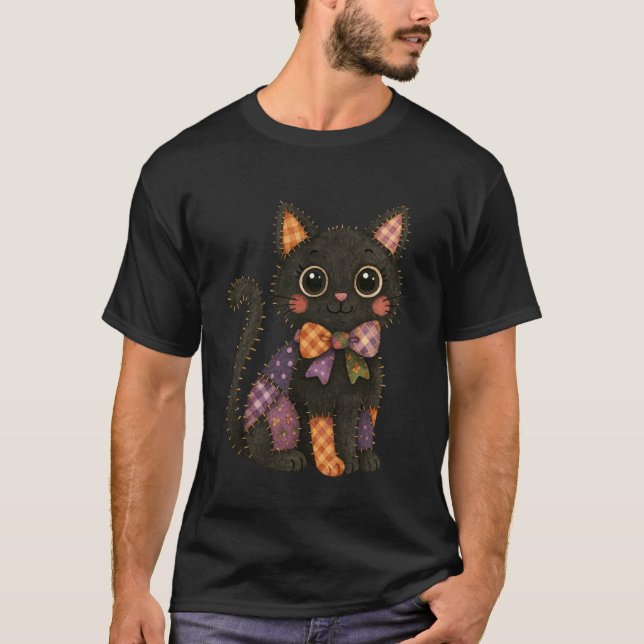 Patchwork Black Cat Autumn Cozy Season Patch Cute  T-Shirt (Front)