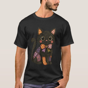 Patchwork Black Cat Autumn Cozy Season Patch Cute  T-Shirt