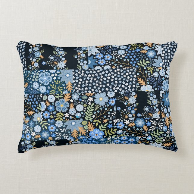 Patchwork Blue Flowers: Seamless Fabric. Accent Pillow (Front)