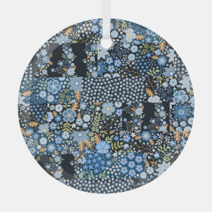Patchwork Blue Flowers: Seamless Fabric. Glass Ornament