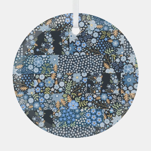 Patchwork Blue Flowers: Seamless Fabric. Glass Ornament (Front)
