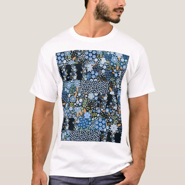 Patchwork Blue Flowers: Seamless Fabric. T-Shirt (Front)
