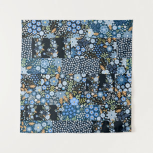 Patchwork Blue Flowers: Seamless Fabric. Tapestry