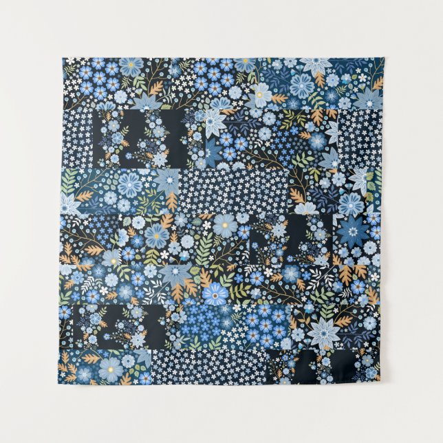 Patchwork Blue Flowers: Seamless Fabric. Tapestry (Front)