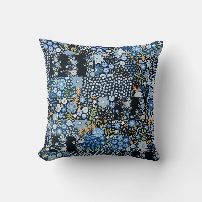 Patchwork Blue Flowers: Seamless Fabric. Throw Pillow (Front)