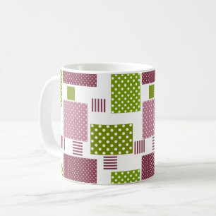 Patchwork brown green polka dots white back coffee mug