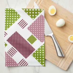 Patchwork brown green polka dots white back kitchen towel