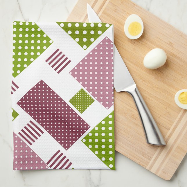 Patchwork brown green polka dots white back kitchen towel (Quarter Fold)
