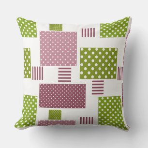 Patchwork brown green polka dots white back outdoor pillow