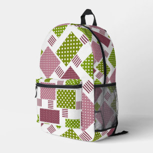 Patchwork brown green polka dots white back printed backpack