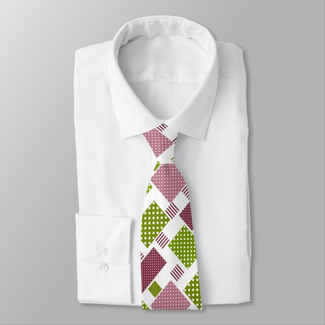 Patchwork brown green polka dots white back tie (Tied)
