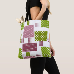 Patchwork brown green polka dots white back tote bag