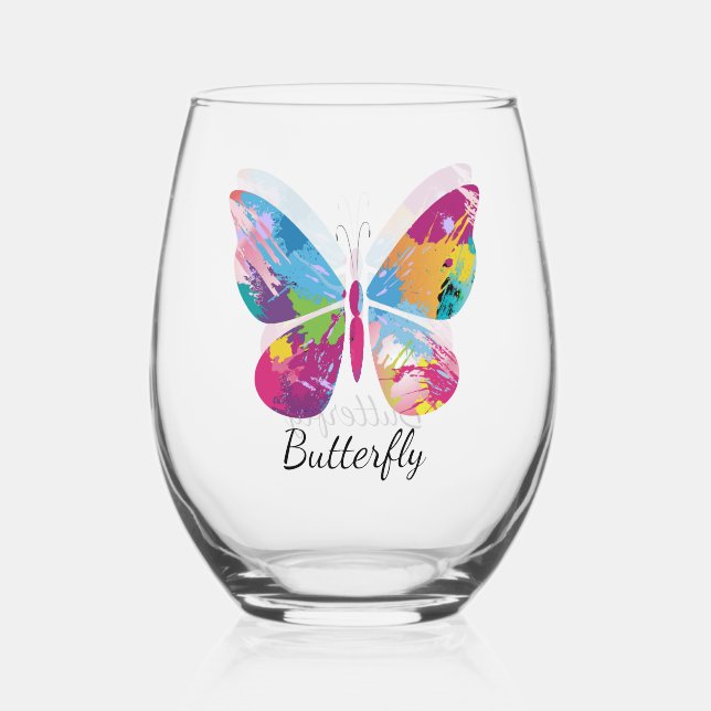 Patchwork Butterfly Design Stemless Wine Glass (Front)