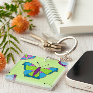 Patchwork Butterfly Pattern on Green Keychain