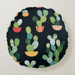 Patchwork Cactus Plants Seamless Pattern Round Pillow