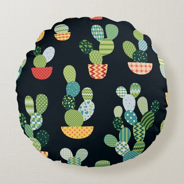Patchwork Cactus Plants Seamless Pattern Round Pillow (Front)