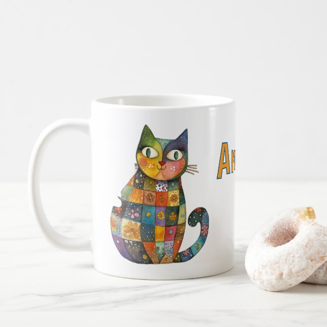 Patchwork Cat Mug – Just Add Your Name (With Donut)