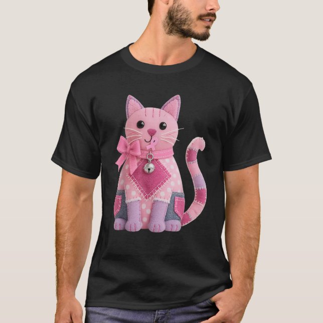 Patchwork Cat Pink Ribbon Breast Cancer Awareness  T-Shirt (Front)