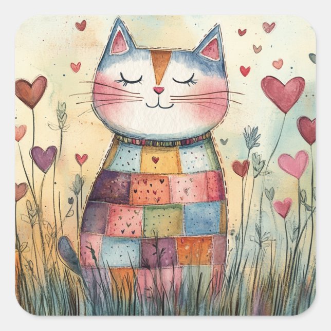 Patchwork Cat Valentine Square Sticker (Front)