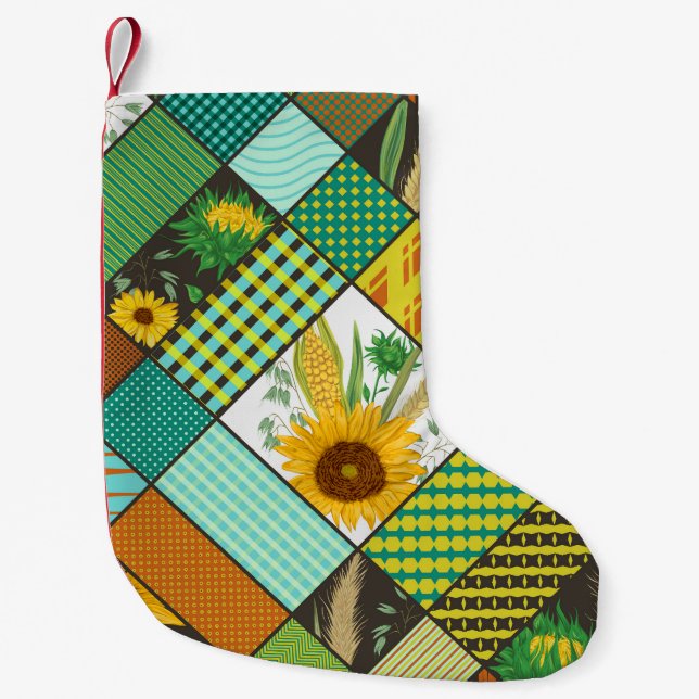Patchwork cereals, sunflowers, geometric pattern. small christmas stocking (Front)