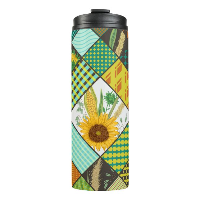 Patchwork cereals, sunflowers, geometric pattern. thermal tumbler (Front)