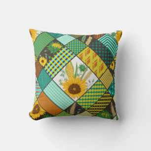 Patchwork cereals, sunflowers, geometric pattern. throw pillow