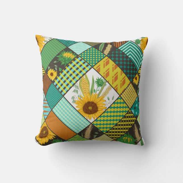 Patchwork cereals, sunflowers, geometric pattern. throw pillow (Front)