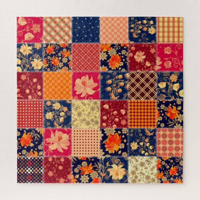 Patchwork Charm: Floral & Geometric Mix Jigsaw Puzzle (Vertical)