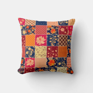 Patchwork Charm: Floral & Geometric Mix Throw Pillow