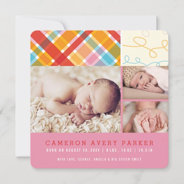 Patchwork Checks Baby Girl Birth Announcement Card (Front)