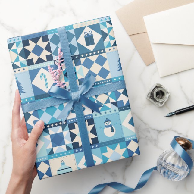 Patchwork Christmas Blue Holiday  Wrapping Paper (Gifting)