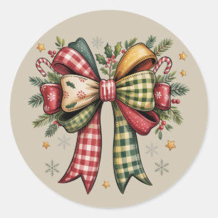 Patchwork Christmas Bow Cozy Rustic Holiday Classic Round Sticker