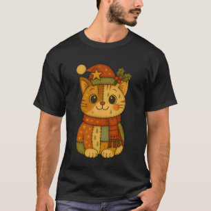 Patchwork Christmas Cat Wearing Santa Hat Winter H T-Shirt