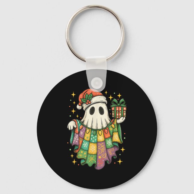 Patchwork Christmas Ghost Christmas, Christmas Boo Keychain (Front)